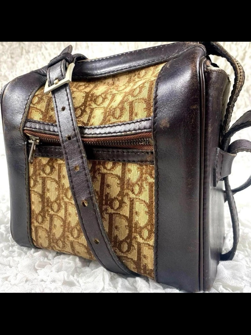 Dior Brown Monogram Canvas and Dark Brown Leather Messenger Bag